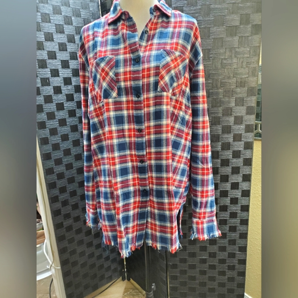 One24 Red,Blue,& White Raw Hem Flannel XXXL NwoT
